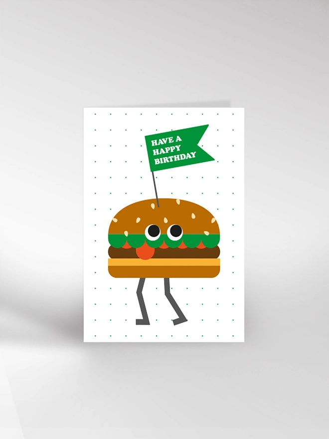 Birthday card featuring burger character