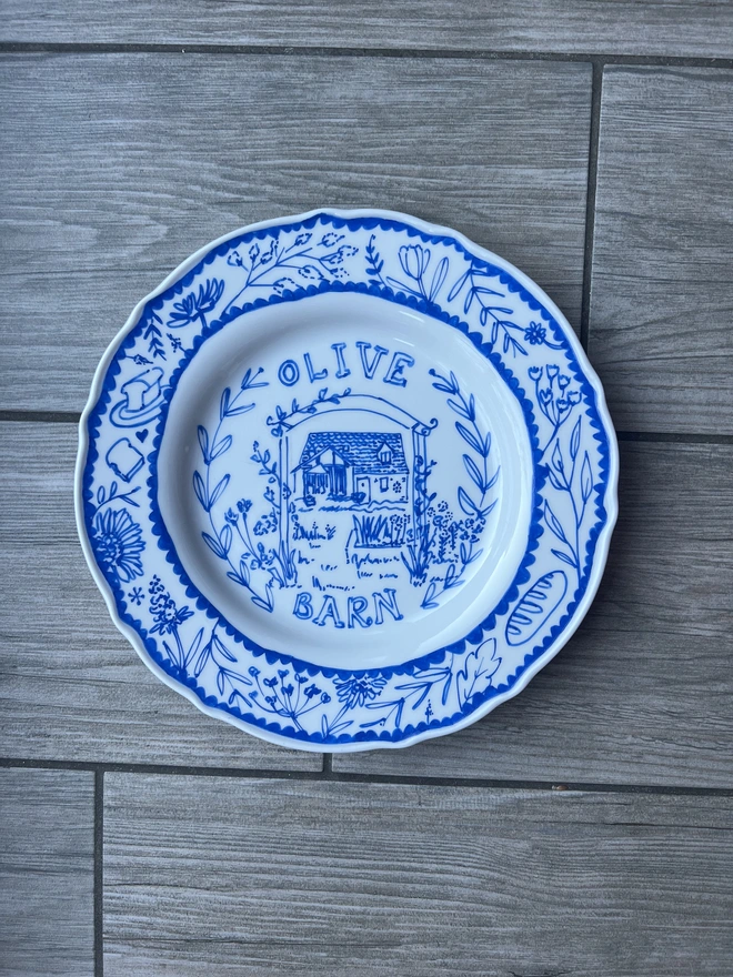 Personalised small blue and white house plate by Circle of Willis