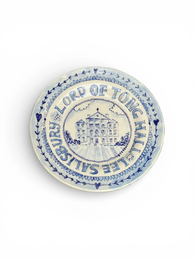 Fun blue and white plate with the names around the centre picture of "Tong Hall"