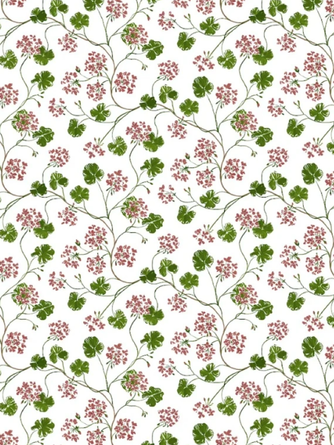 Geranium Muslin. A muslin patterned with pink and green geraniums.