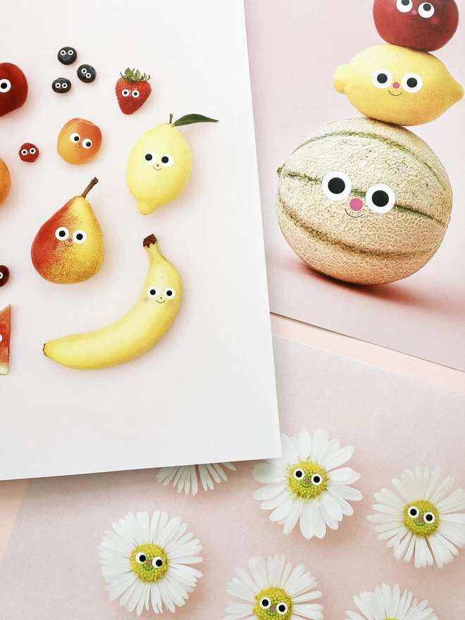 A selection on A3 Prints. fruit & food with faces