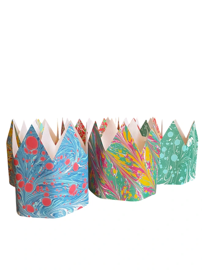 Hand-marbled paper party crowns for Christmas, birthdays and all celebrations