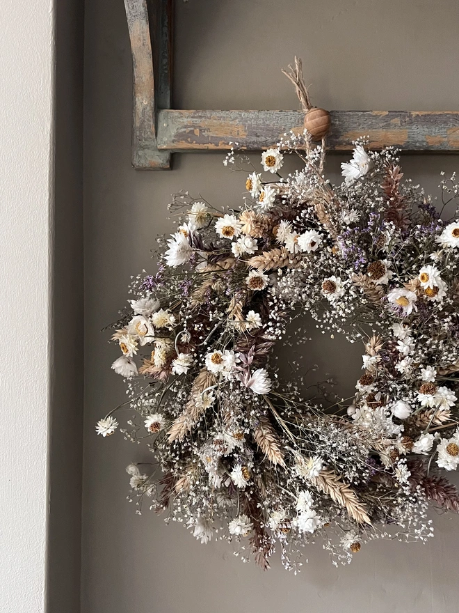 Winter White Daisy wreath made with dried seasonal flowers