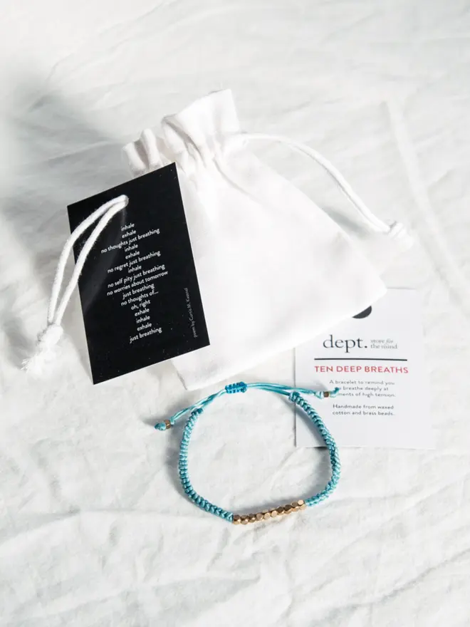 Ten Deep Breaths Bracelet in Blue with Drawstring Bag