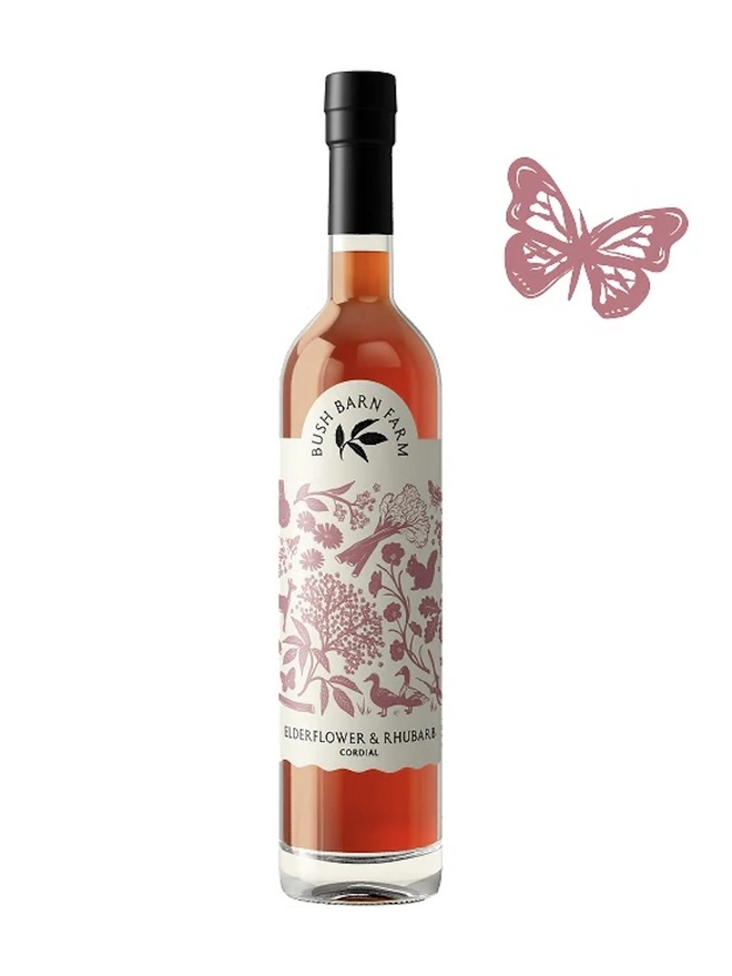 Elderflower & Rhubarb Cordial (Set Of 1, 2, 3 Or 4), the bottle of elderflower sitting on a white surface. 