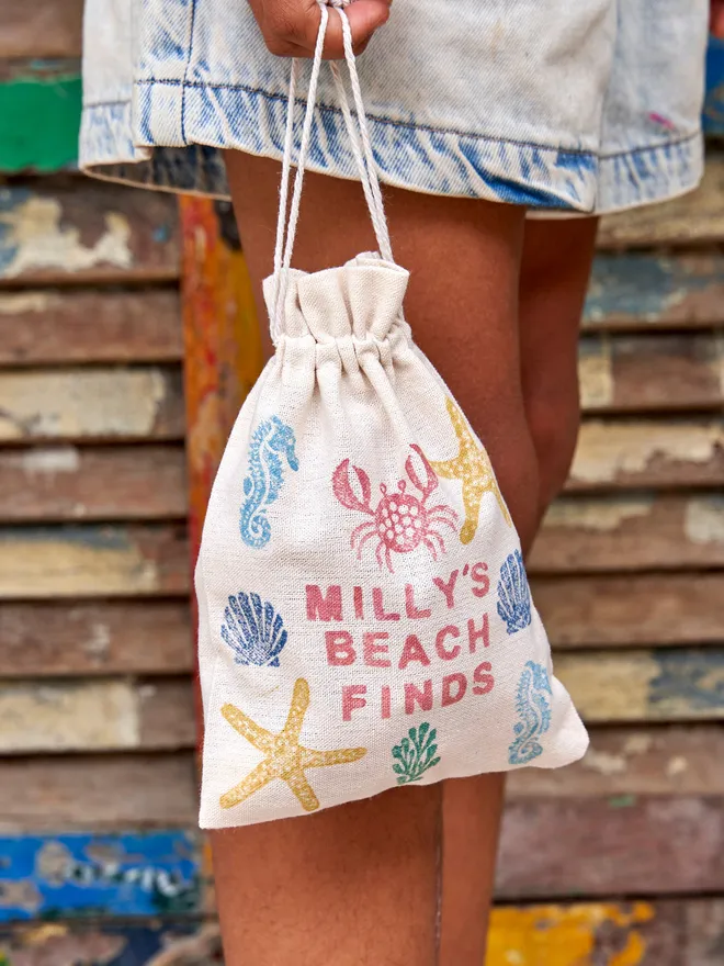 Personalised Mini Beach Finds Drawstring Bags