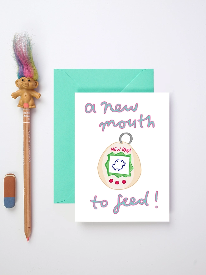 Funny New Baby Card Featuring a Tamagotchi