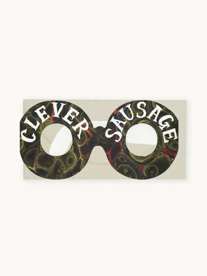 marbled paper glasses card with clever sausage text