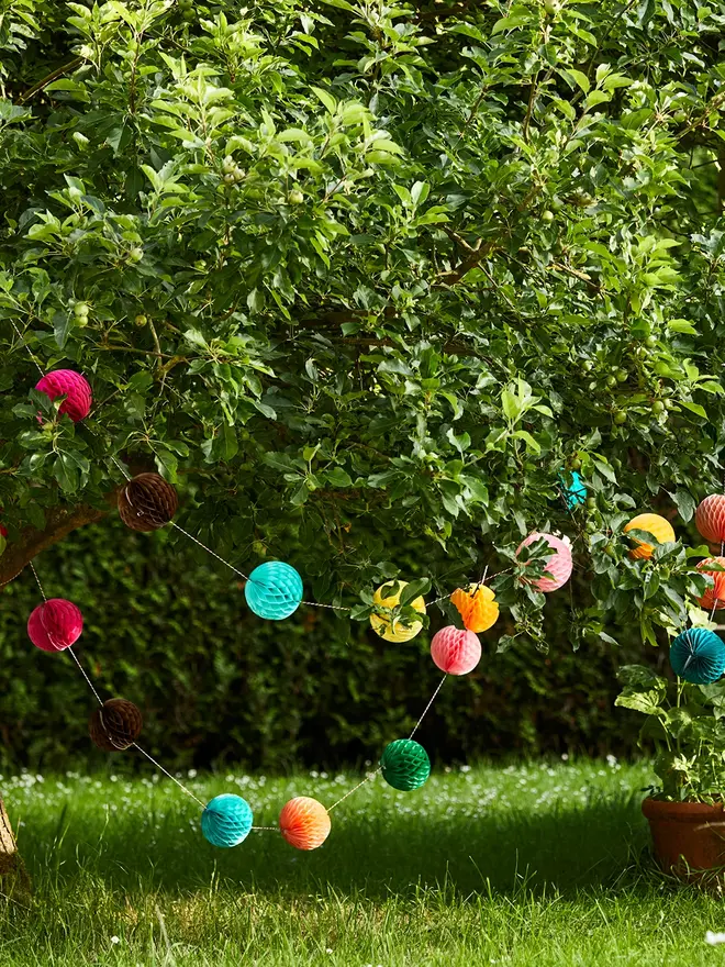 colourful paper ball garland. a string garland with paper balls in assorted colours hanging from tree branches.