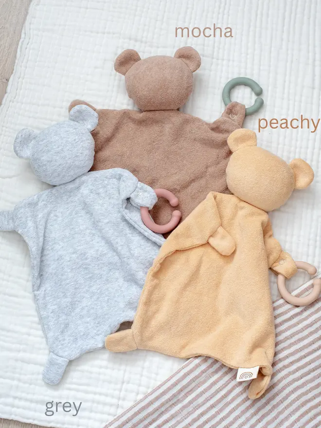 Teddy lovey toys made from terry cloth material.