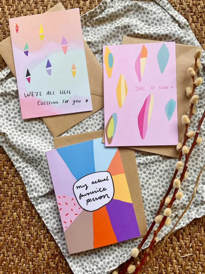 Three colourful cards full of encouragement