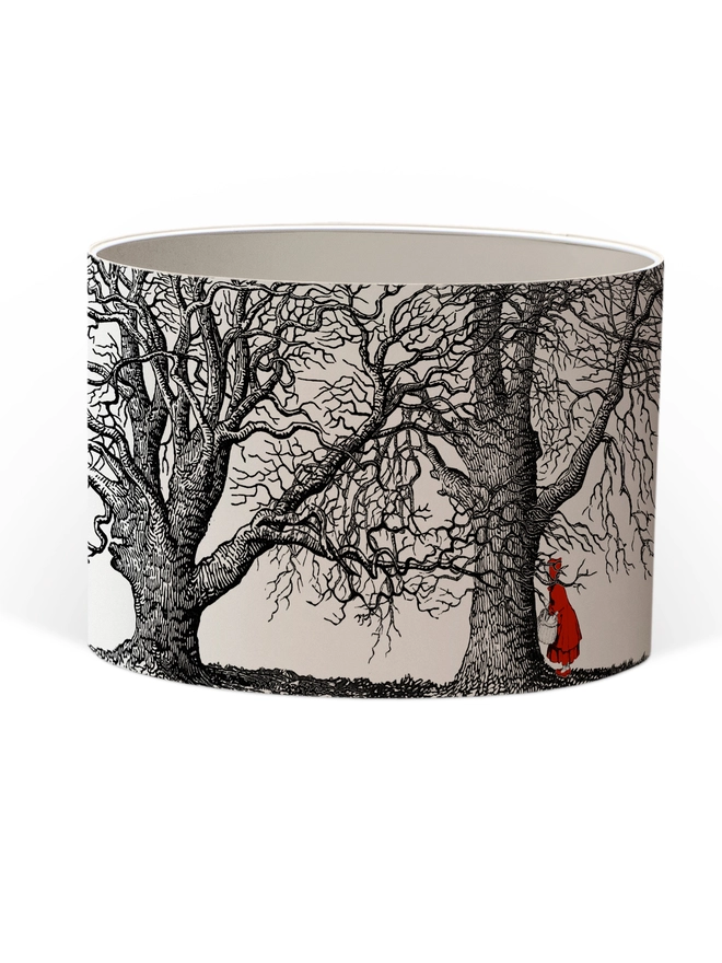 Handmade drum lampshade featuring a whimsical Little Red Riding Hood inspired design with a red cape, big bad wolf, and dark woodland scene.