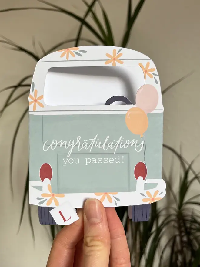 you passed driving test card. card shaped like campervan to congratulate new driver.