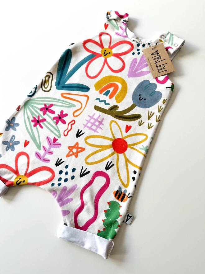 Spring garden print baby romper, colourful bright kids wear