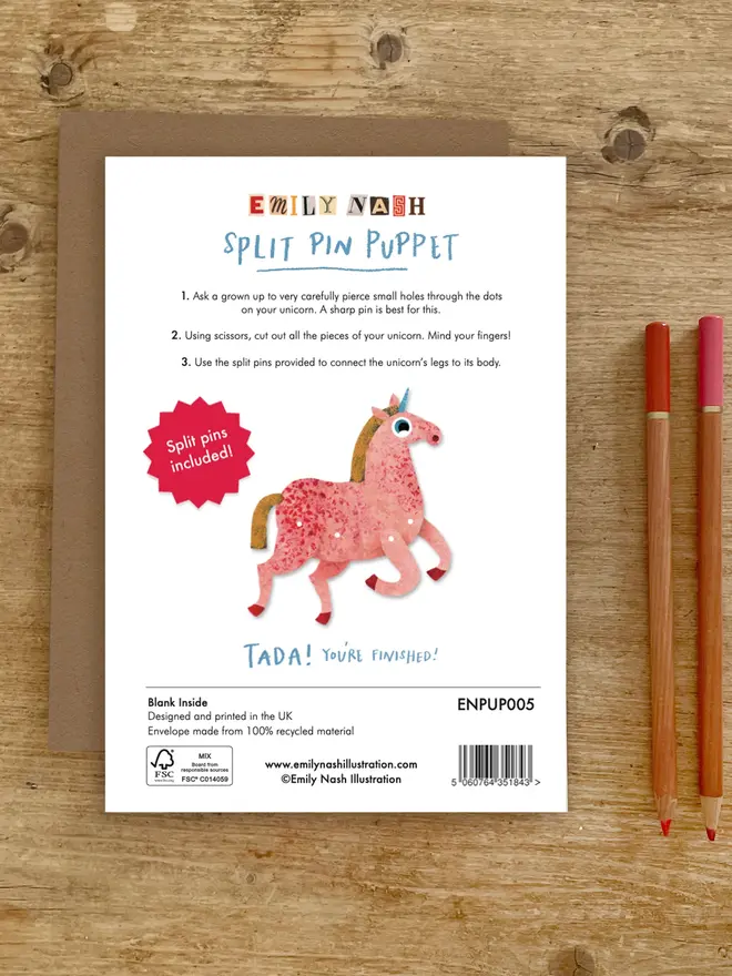 unicorn split pin puppet card