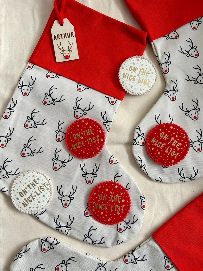 Red and Cream 'On The Nice List' Christmas Badge 