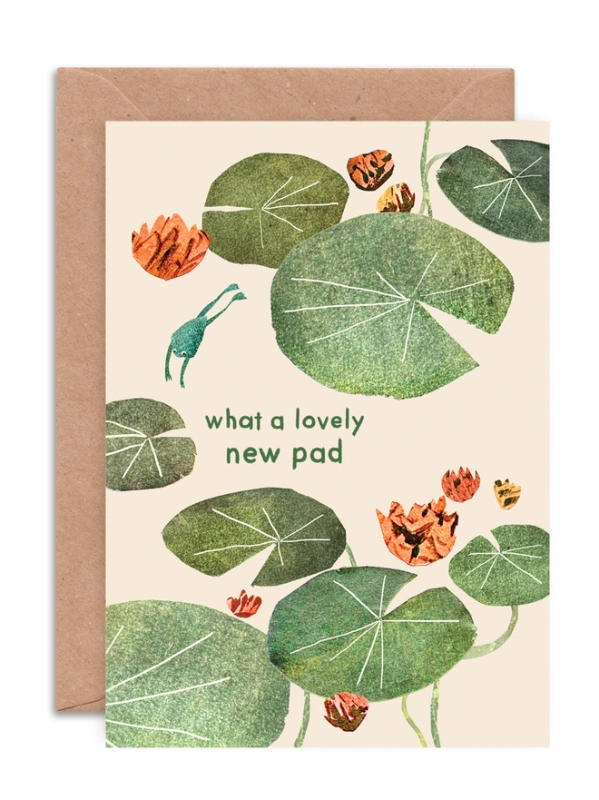 An illustrated new home card with a lily pad and frog design by Emily Nash Illustration