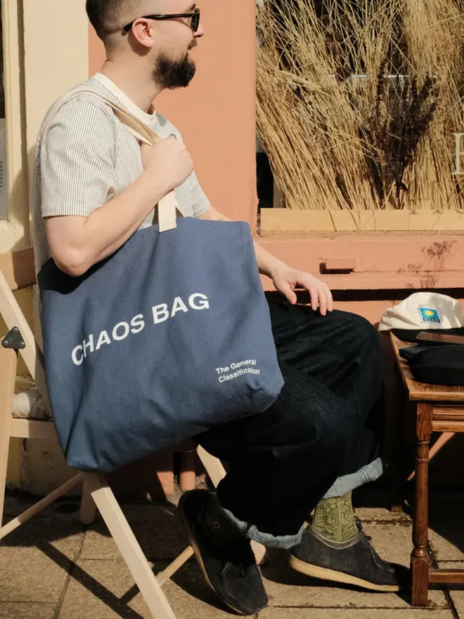'Chaos' Tote Bag, being worn. 