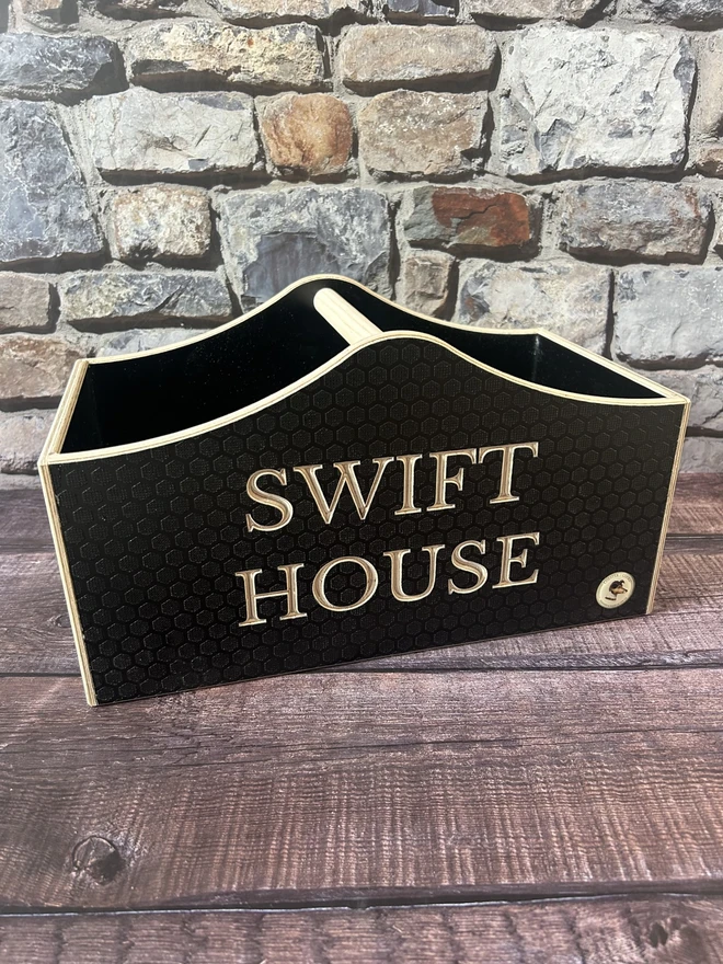 personalised wooden kindling holder in dark brown