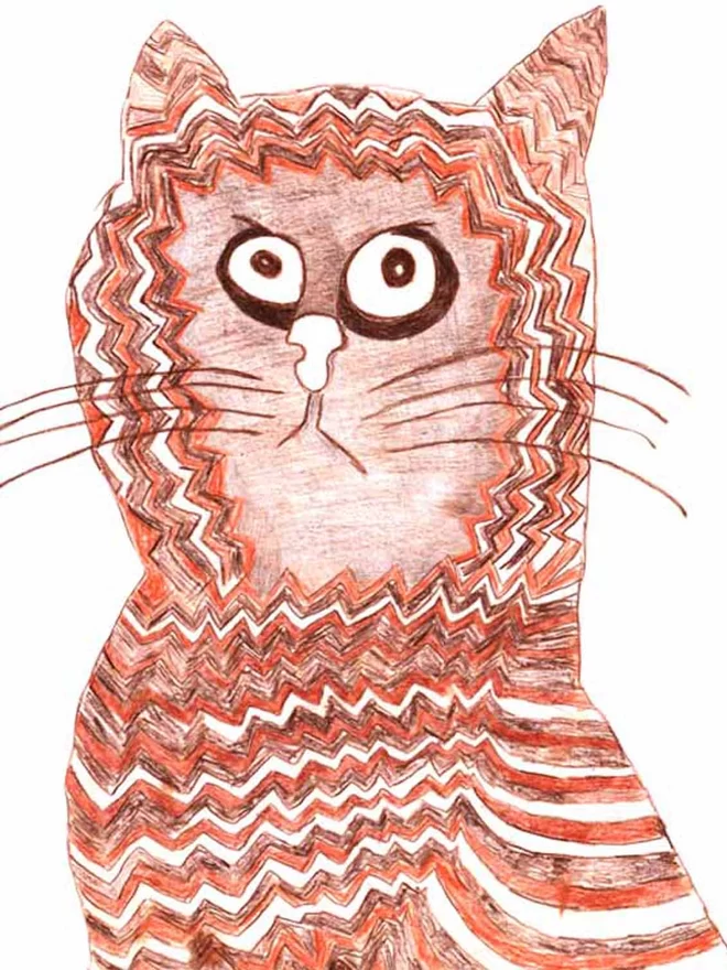 Fun unimpressed hand drawn ginger cat with zig-zag pattern on fur for charity chocolate bar