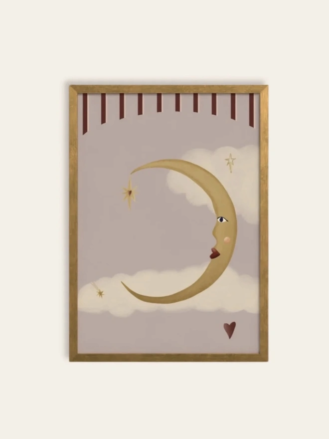 La Lune d'Amour Art Print, a moon print hanging on a coloured wall. 