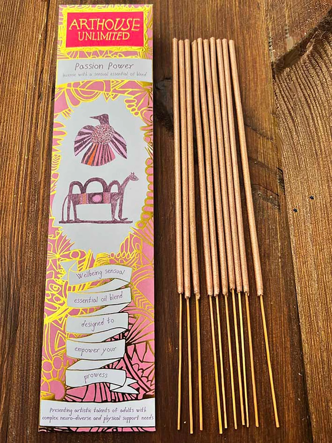 pack of 10 passion power well being charity incense sticks inc pink & gold illustrations