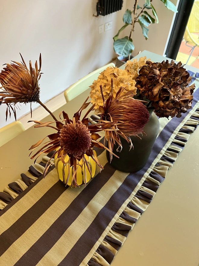 Black and jade stripe ruffled table runner 