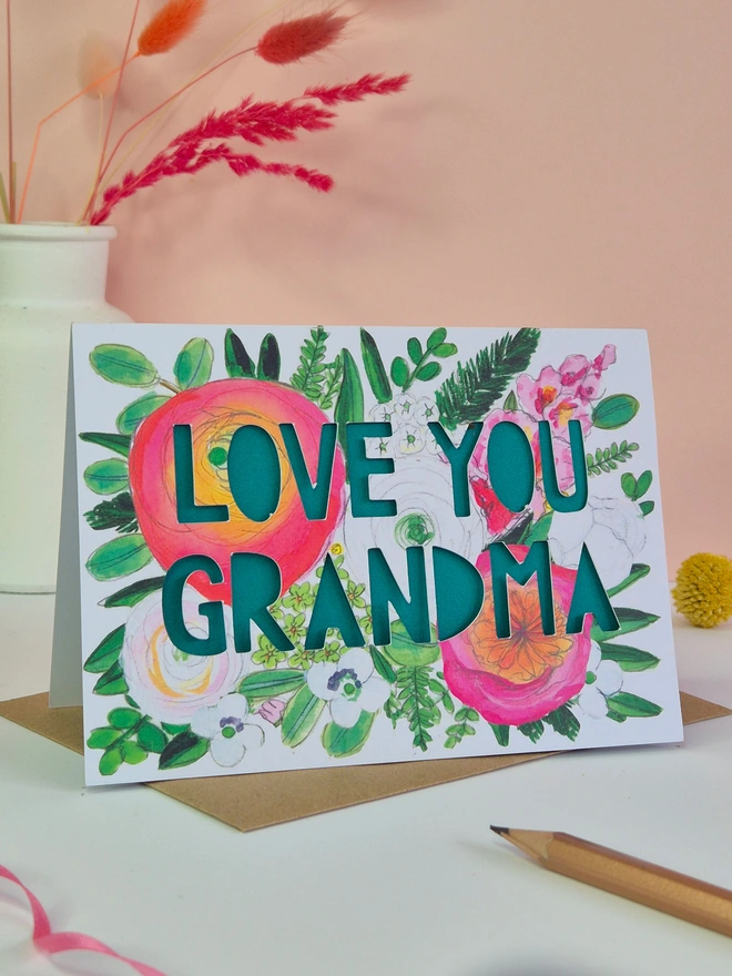 Love You grandma Paper cut floral card 