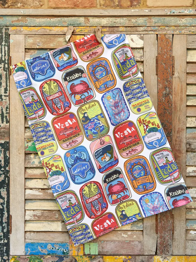 sardine tin design tea towel