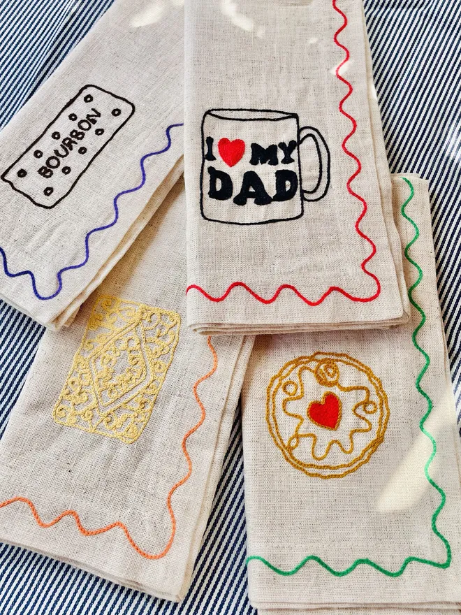 Dad's Embroidered Tea and Biscuits Linen Napkins