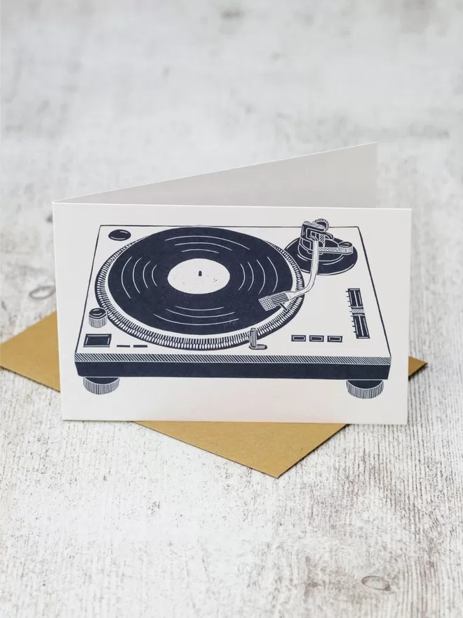 Greeting Card with an image of a Record Deck taken from an original lino print
