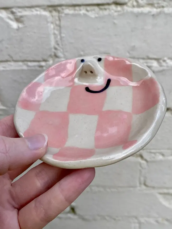 pink check handmade ceramic trinket dish