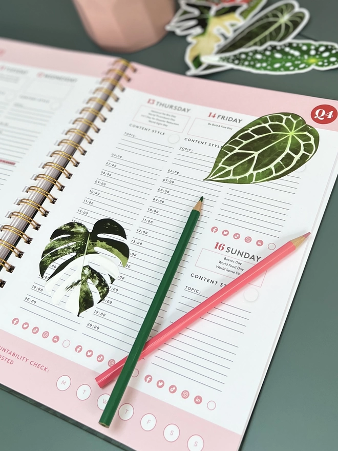 A variegated monstera sticker and an anthurium crystallinum sticker, both stuck on an open journal page with a green and pink colouring pencil laid out. Sat on a blue desk with some other plant stickers and a pink pot of colouring pencils in the background.