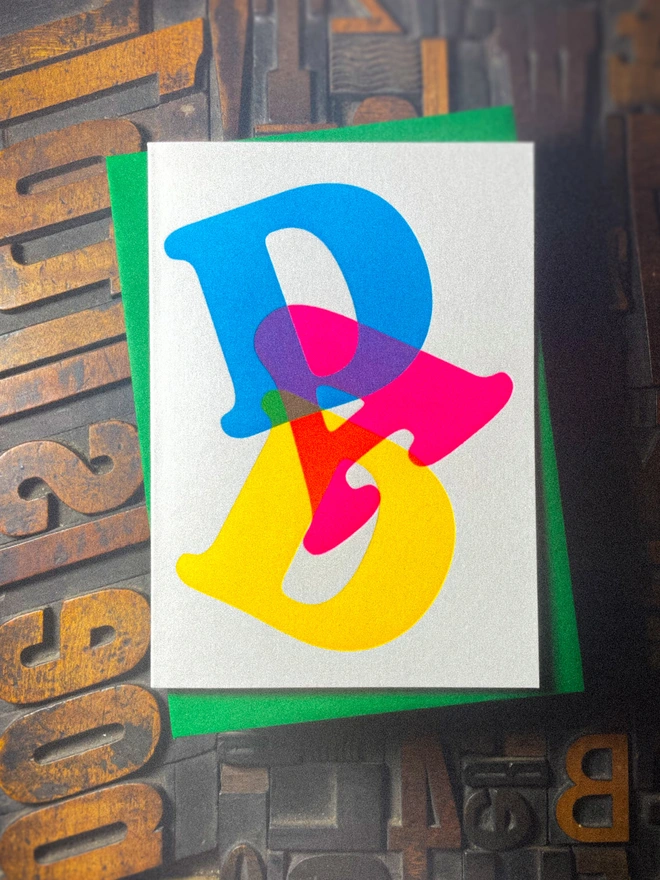 Fathers day typographic letterpress card with fluorescent ink. Deep impression print. Unique with no print being the same. Vibrant colours with matching premium envelopes. With luxurious contrasting coloured envelopes.