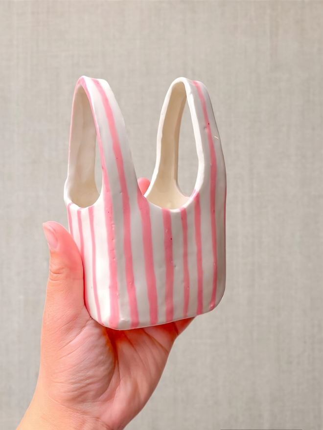 Pink And White Ceramic Tote Bag Vase