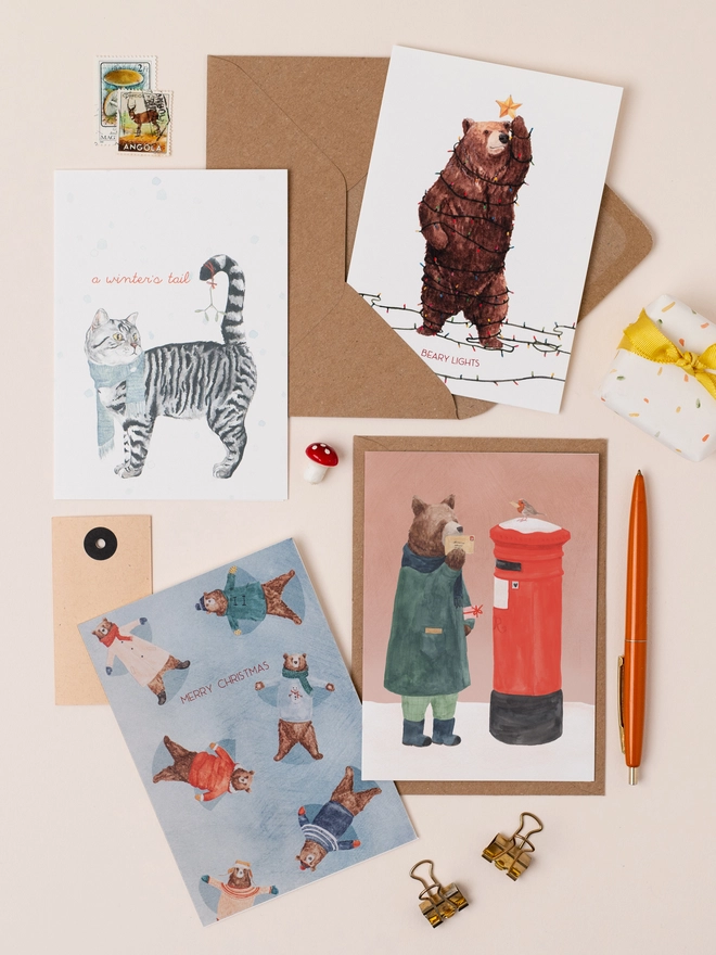 Mixed Christmas Card pack of 4 with kraft envelopes