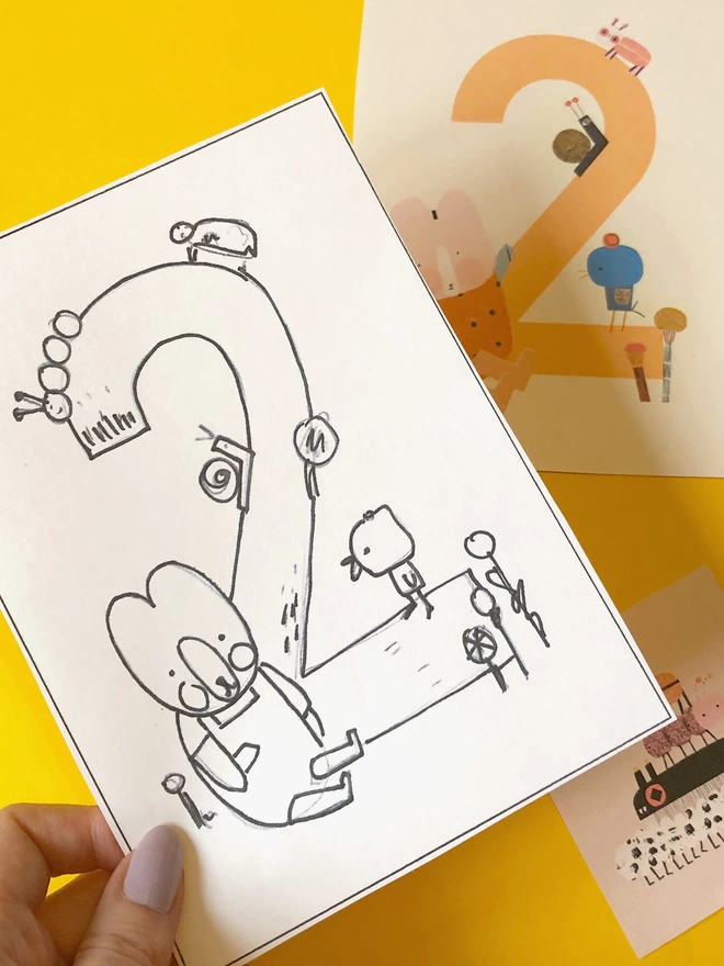 A behind the scenes look at an initial sketch and illustration from the design process of making the Raspberry Blossom 'Fantabulous’ age 2 Birthday card