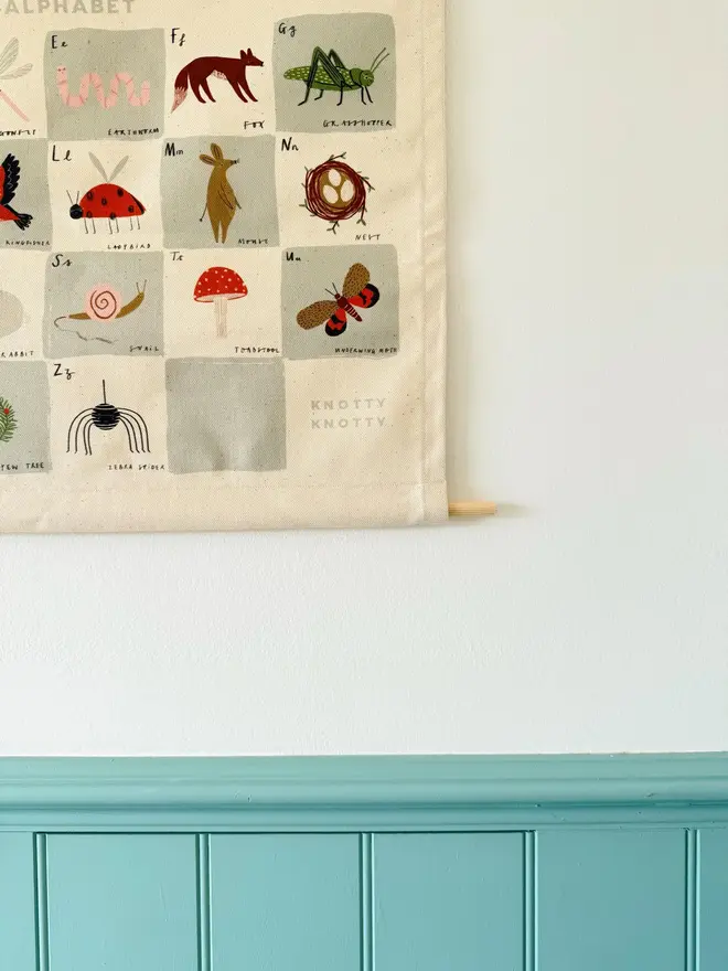 Woodland Alphabet Fabric Banner, hanging on a white wall. 