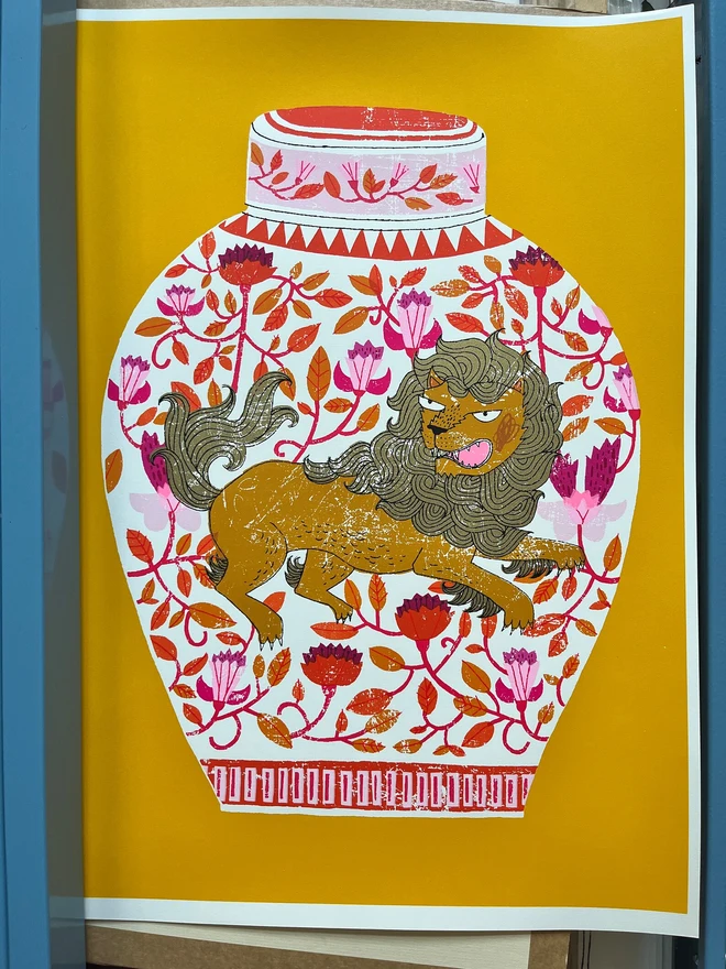 Lion Ginger Jar Lollapalooza Lion Jar, a colourful lion jar design on a yellow screenprint. 