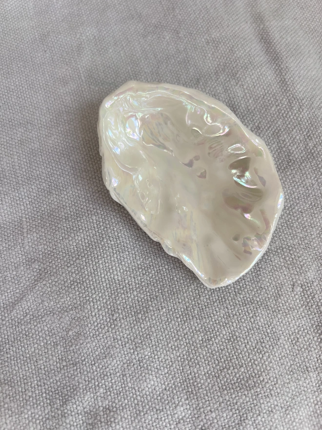handmade porcelain oyster shell dish with pearl lustre