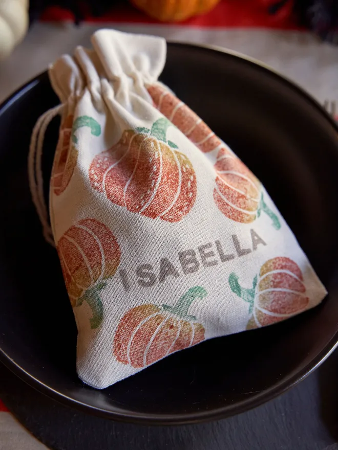 Personalised pumpkin stamped Halloween treat bag