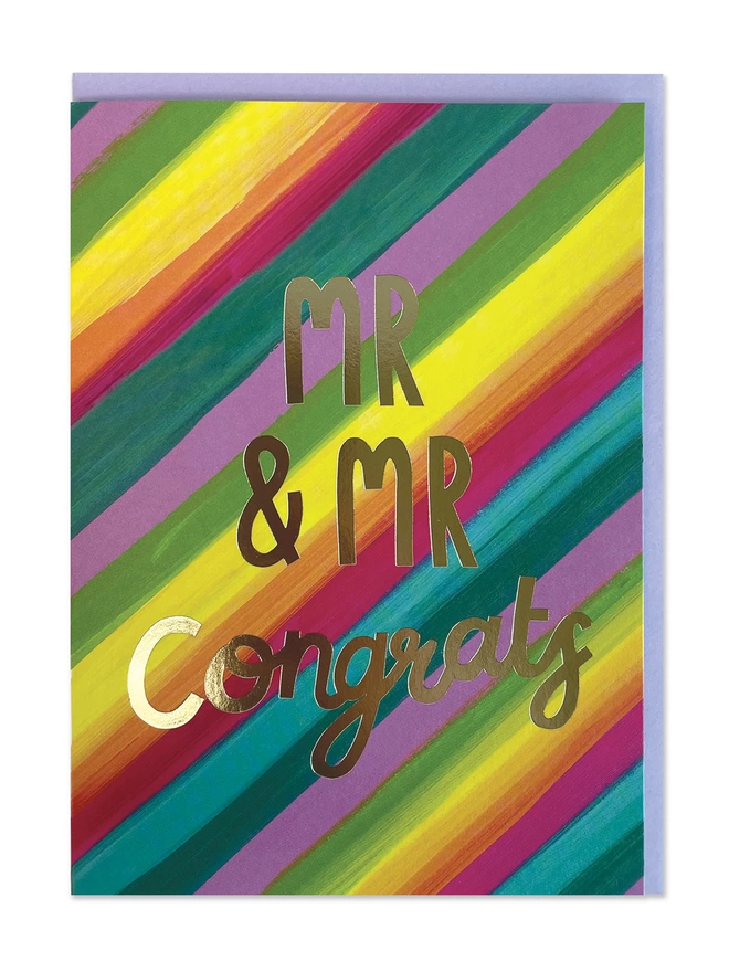 A painterly wedding card with abstract design in vibrant, colourful brush strokes. Finished with a gold foil ‘Mr & Mr Congrats’ message 
