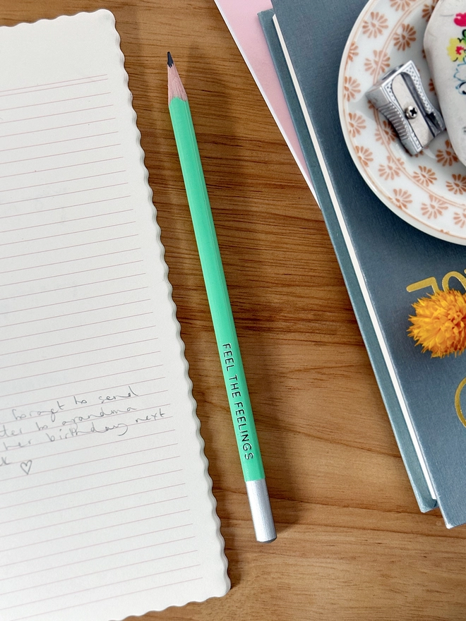 A green pencil with the words Feel The Feelings along the side in silver writing lays on a wooden desk beside an open notebook. Several other books are also on the desk.