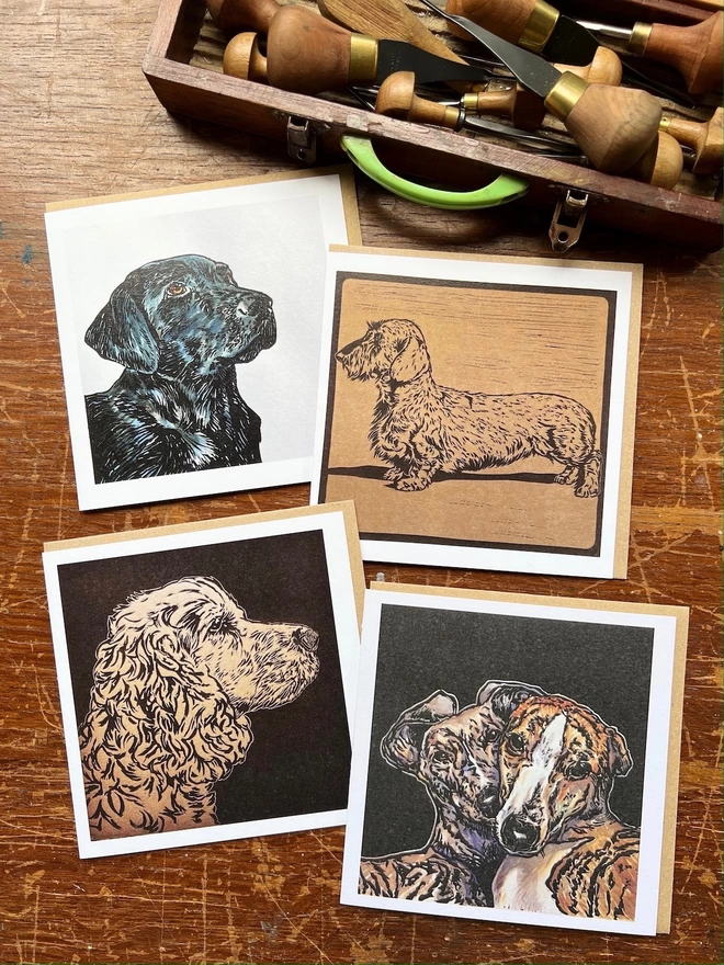 labrador teclee spaniel greyhound linocut art cards