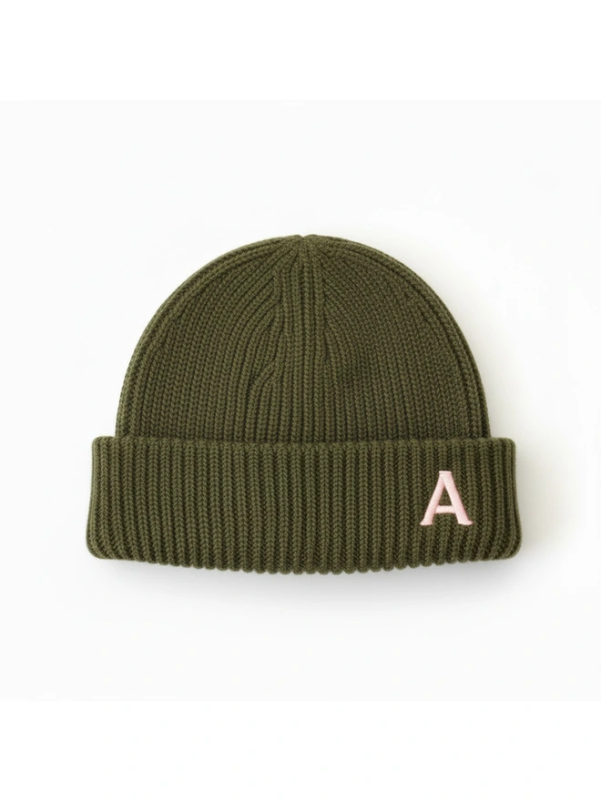 Personalised Embroidered Letter Beanie in Olive Green
