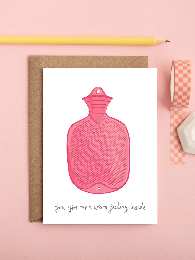 Funny and humorous love card featuring a hot water bottle