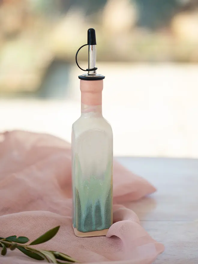olive oil bottle. pourer bottle, ceramic oil bottle, jenny hopps pottery