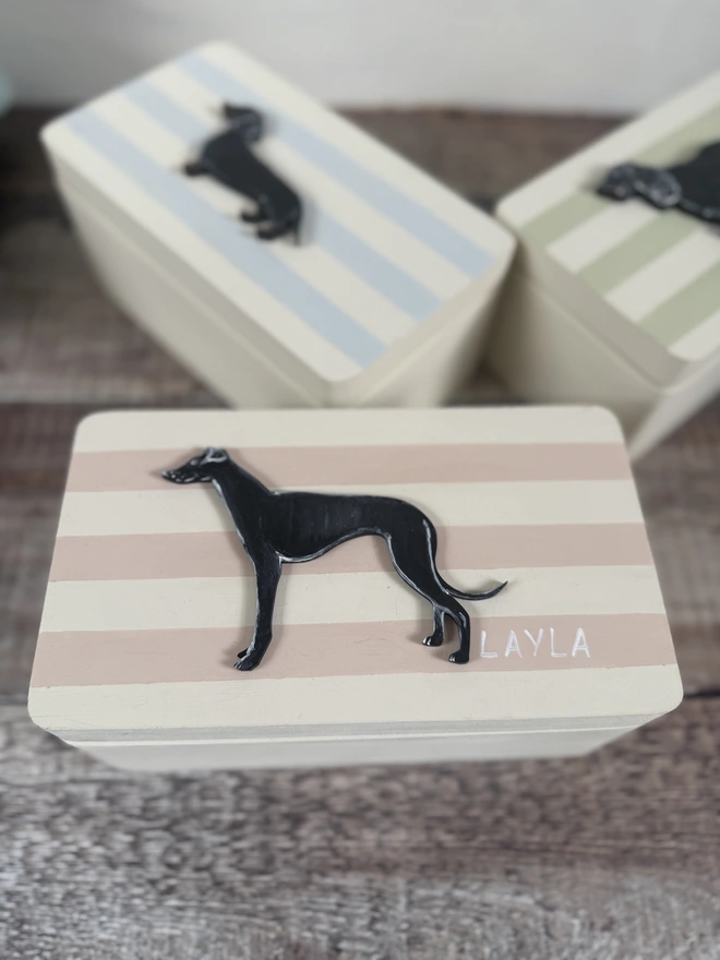 Pink and White Striped Dog Keepsake  Box with a hand-painted black greyhound on the lid
