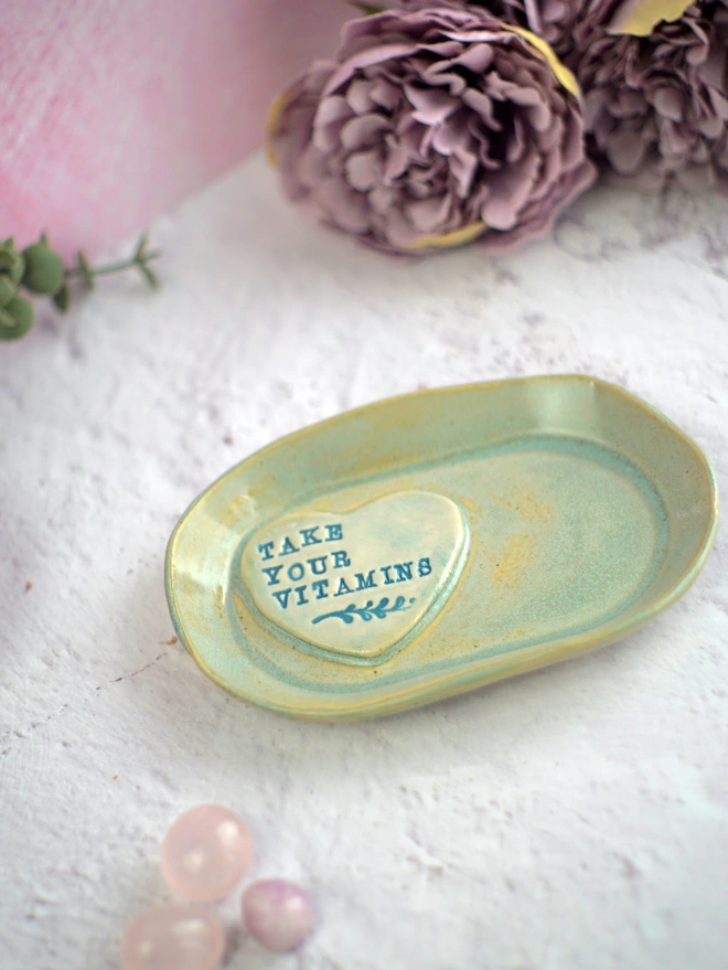 take your vitamins dish, self care gift, heart ceramic dish, ceramic trinket dish, Jenny Hopps Potter, mothers day gift, gift for friends