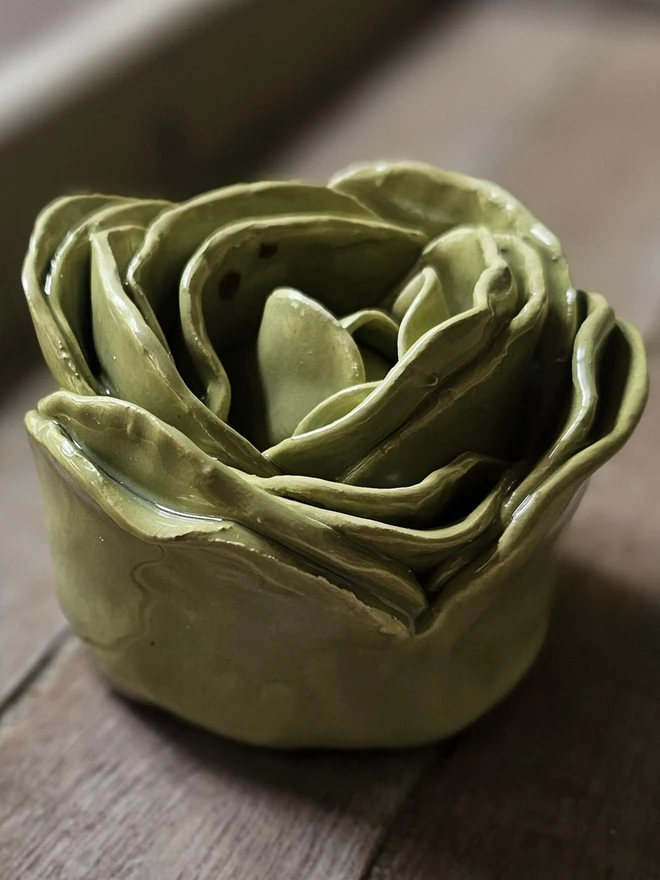 olive green ceramic peony rose flower pottery art decor wall hanging gift 
